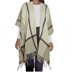 NWT THREE DOTS Tan/Cream Lousia Plaid Fringe Cashmere Blend Wrap Shawl